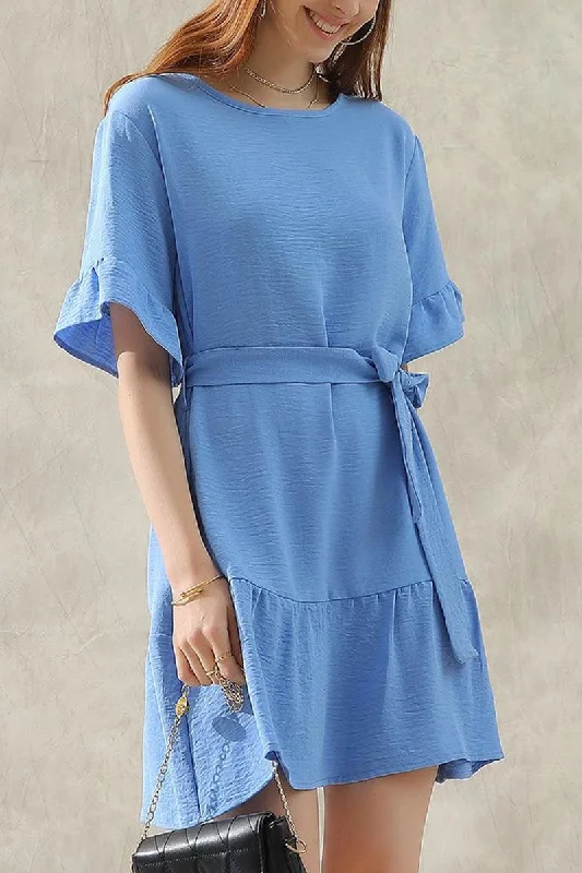 Online Specials lace-up dressROUND NECK WAIST BOW TIE RUFFLE SHORT DRESS