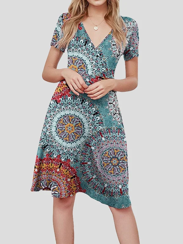 Huge Savings sophisticated dressV-neck Short-sleeved Sun Flower Print Dress