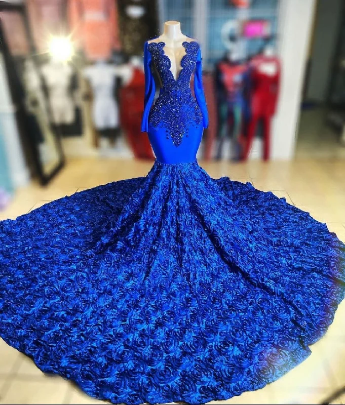 elegant evening dressRoyal Blue V-Neck Long Sleeve Mermaid Prom Dress Flowers Bottom Y1372