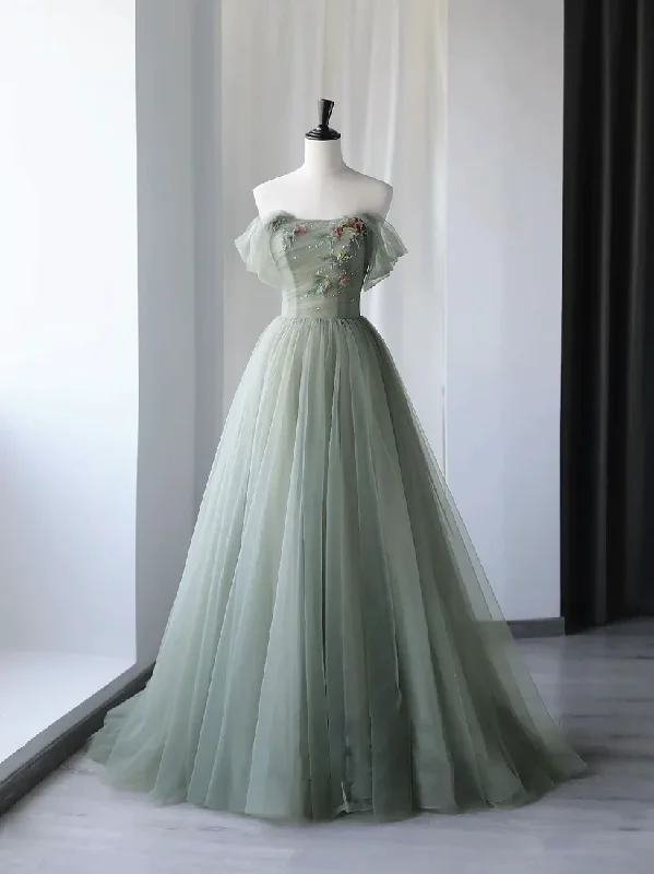 romantic dressGray Green Tulle Off Shoulder Long Prom Dress, Gray Green Formal Graduation Dresses Y1292