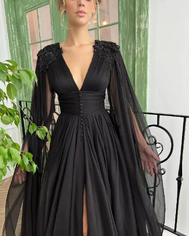 floral dressV-neck Black Tulle Prom Dresses, Elegant Prom Dresses, Newest  Prom Dresses, A-line Prom Dresses Y56