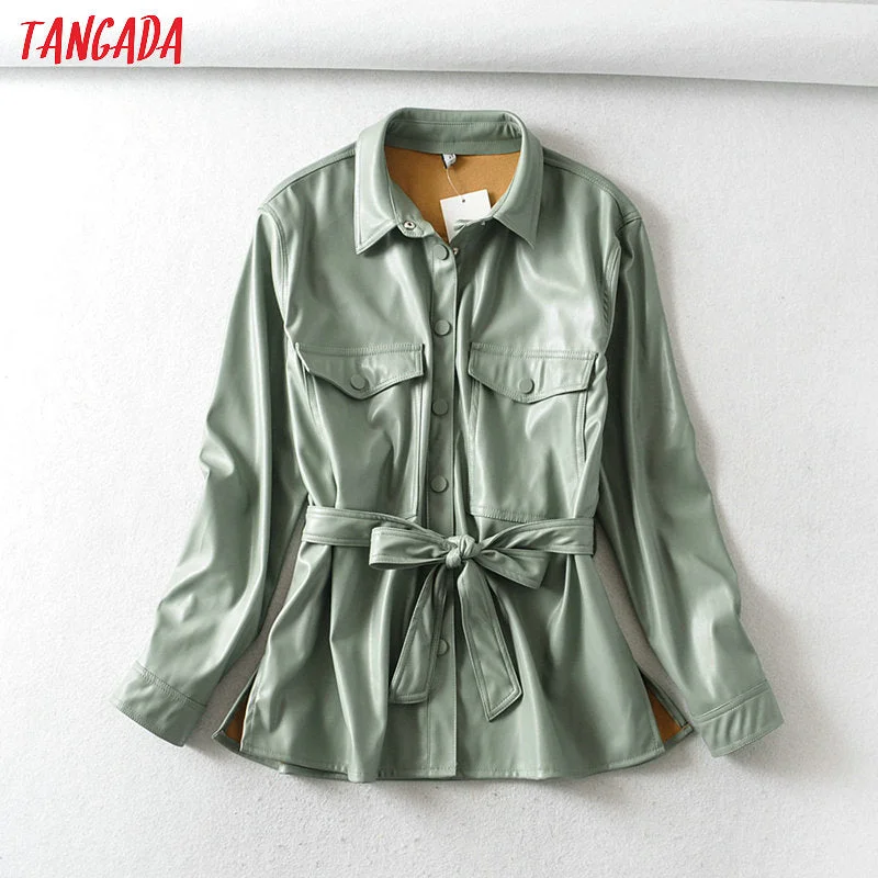 Overstock Tangada Women light green faux leather jacket coat with beltLadies Long Sleeve loose oversize boy friend Coat