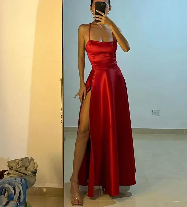 Limited Availability chic shift dressCharming Red A-Line Satin Long Party Dress with Slit, DP2445 Limited Availability chic shift dressCharming Red A-Line Satin Long Party Dress with Slit, DP2445