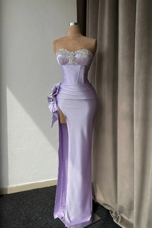 Year-End Sale floral midi dressLight Purple Strapless Beading Long Prom Dress with High Slit,DP1750