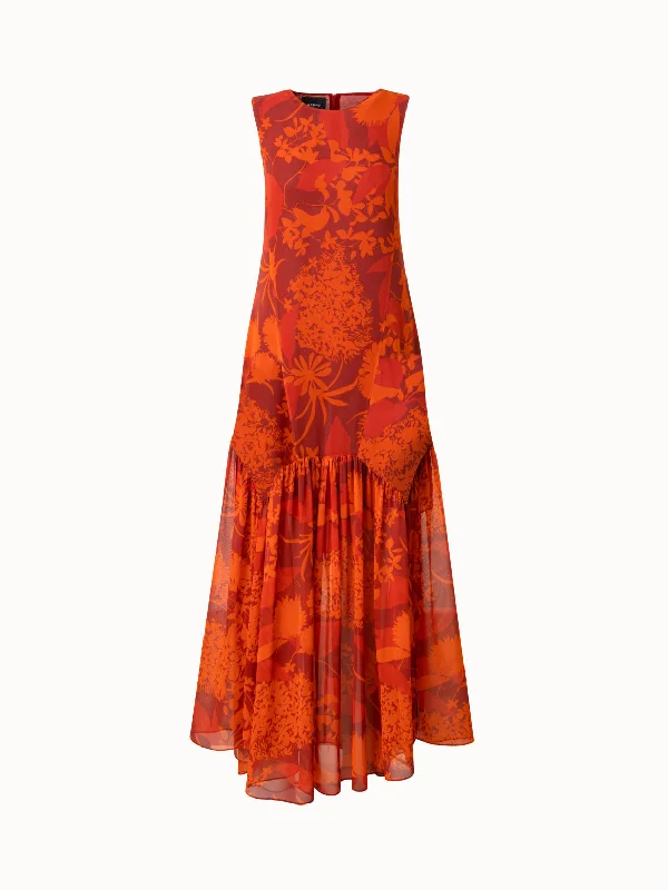 Limited Time Discount long sleeve dressSilk Georgette Gown with Abraham Flower Print