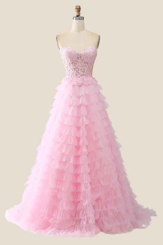 trendy bodycon dressPink Sweetheart Lace and Tulle Tiered Gown