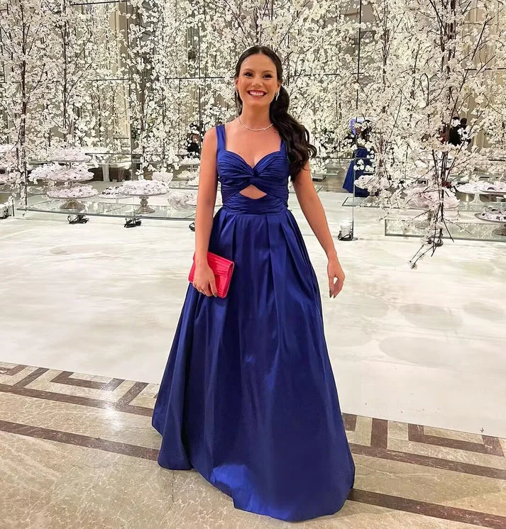 Fantastic Deals trendy dressNavy Blue A-Line Straps Classy Long Party Dress, DP2610