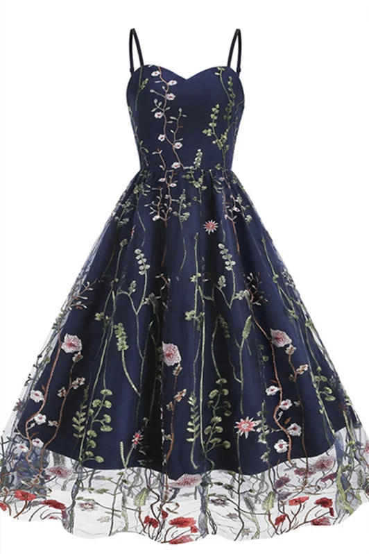 mini dressStraps Navy Blue Floral Embroidery Short Dress