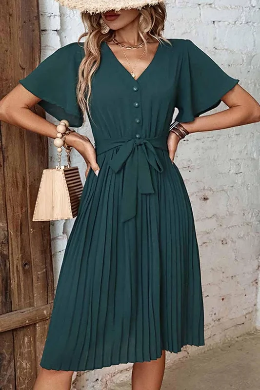 YEAR-End Sale bohemian dressV NECK BUTTONED PLEATED DRESS