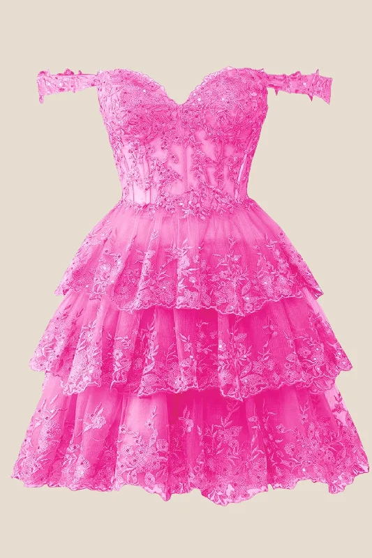 casual midi dressHot Pink Lace Appliques Ruffle A-line Dress