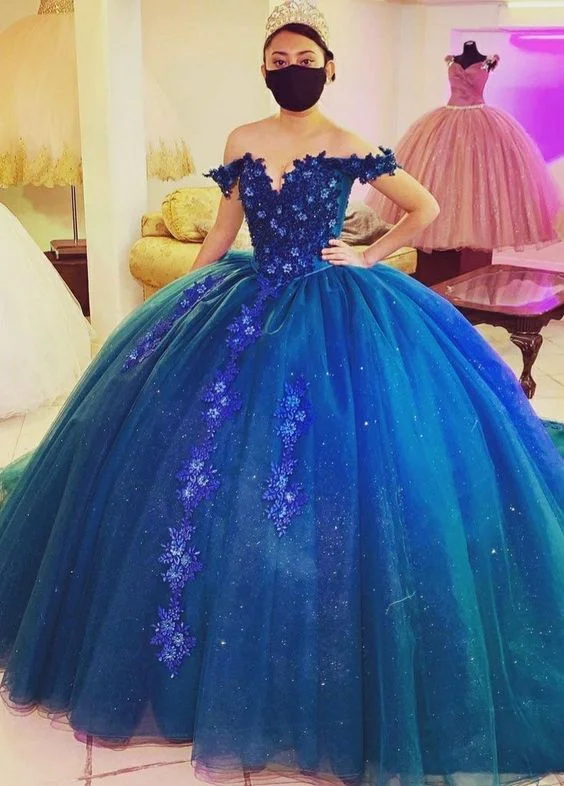 chic dressElegant Off The Shoulder Blue Ball Gown,Princess Dress Y1085