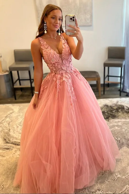 casual dressV Neck Open Back Beaded Pink Lace Long Prom Dresses, Pink Tulle Formal Dresses with Lace Appliques Y373