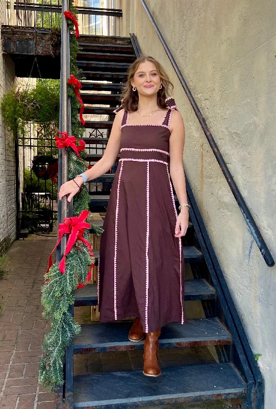 Early Access Sabrina Dress Brown with Pink Whipstitch