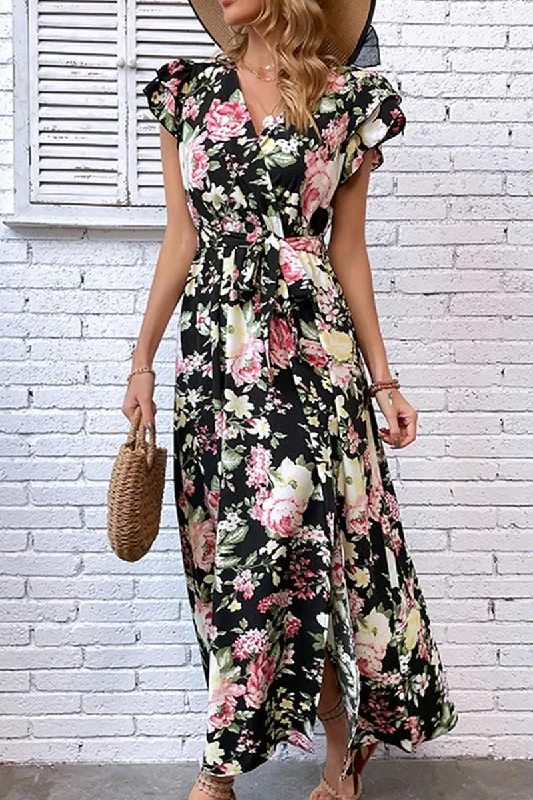 Best Deals puff sleeve dressFLORAL RUFFLED SLEEVES CROSS OVER TIED MAXI DRESS