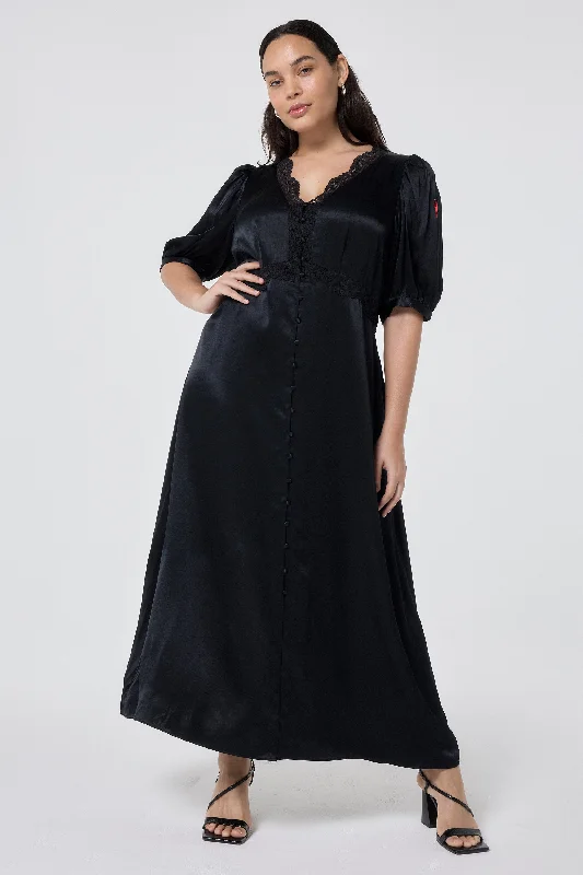Savings Spectacular floral dressBlack with Lace Trim Satin Puff Sleeve Midi Tea Dress
