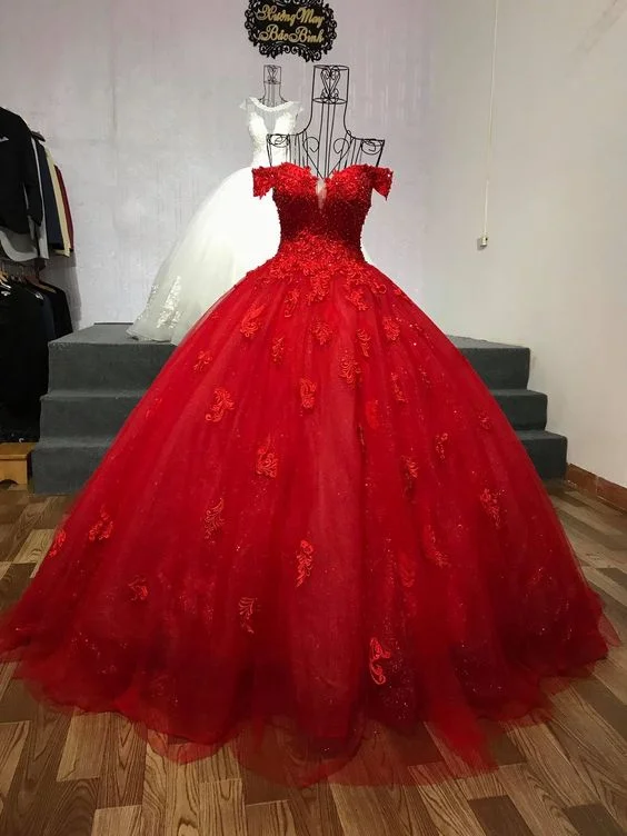 fitted bodycon dressRed Off The Shoulder Lace Tulle Ball Gown Sweet 16 Dress Y1274