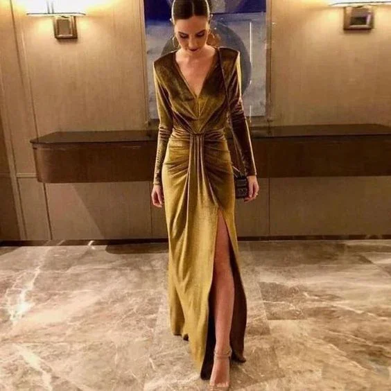 Best Bargains flowy dressSexy V-Neck Long Sleeve Split Velvet Formal Prom Dress, DP2393