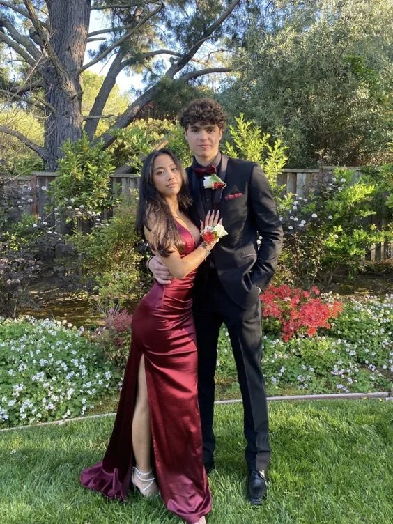 Buy Now casual dressWine Red Sexy V Neck Satin Mermaid Formal Prom Dress, DP2528