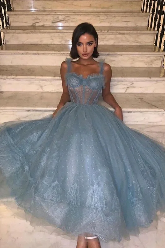 Don’t Miss Out casual day dressDusty Blue Straps A-Line Tulle Lace Party Dress,DP1741