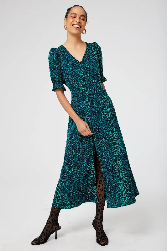Massive Deals trendy bodycon dressGreen with Black Wild Leopard Flute Sleeve Midi Tea Dress