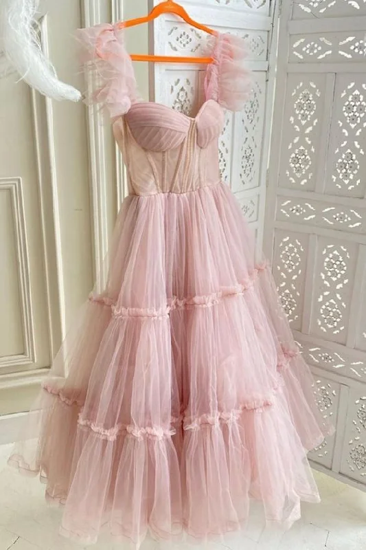 trendy dressRuffled Sleeves Tulle Prom Dress, Tiered Ruffled A-line Skirt, Bridesmaid Party Dress, Graduation Dress Y1246