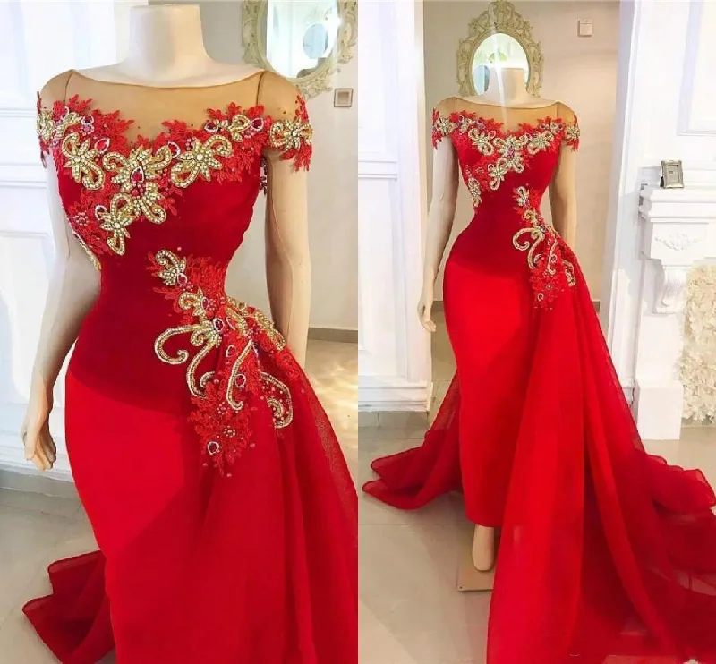 vintage-inspired dressred detachable skirt prom dresses cap sleeve lace applique beaded elegant luxury prom gown Y139