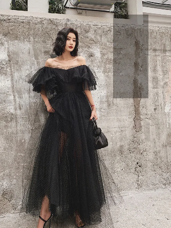 vintage-inspired dressBlack Tulle Long Prom Dress, Formal Dress Black Graduation Dresses Y513