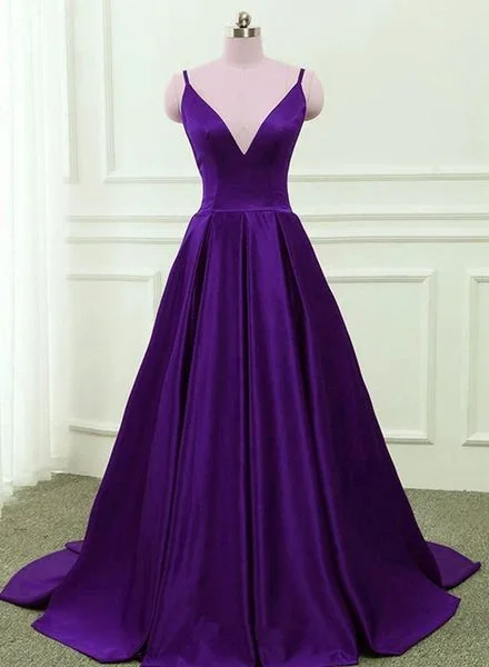 sleek midi dressDark Purple Satin Cross Back Straps V-Neckline Party Dress, New Prom Dress Y1049