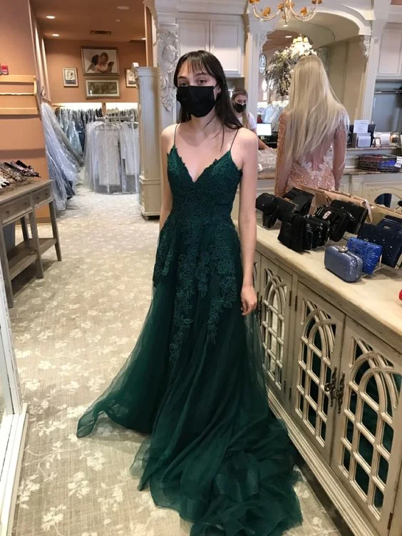 off-shoulder dressA-line Green Lace Tulle Prom Dress Generous High School Graduation Dress Y706