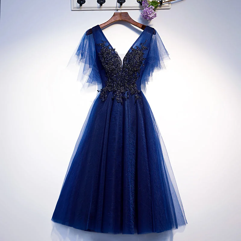 summer dressBlue v neck tulle short homecoming dress s94