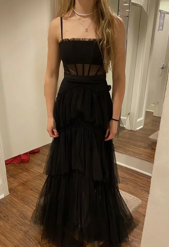 satin midi dressElegant Black Spaghetti Straps Tulle Prom Dress,New Arrival Prom Dress Y1109