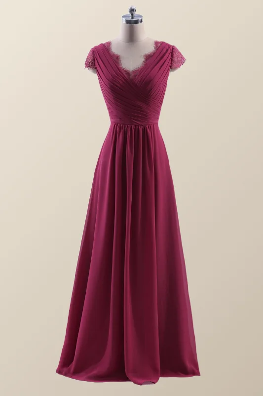 luxury dressCap Sleeves Burgundy Chiffon Long Bridesmaid Dress