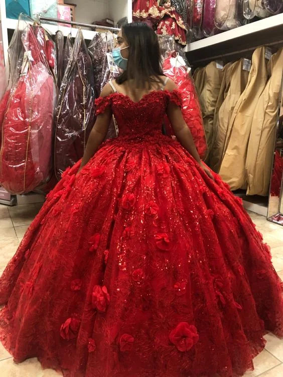 ruched dressStunning Red Off The Shoulder Ball Gown ,3D Flowers Quinceanera Dress,Sweet 16 Dress  Y1219