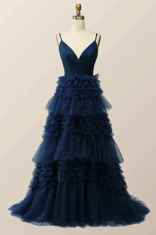 high-waisted dressNavy Blue Tiered Ruffle Long Ball Gown with Straps