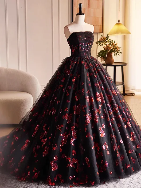 YEAR-End Clearance textured dressBlack Tulle and Red Sequins A-Line Strapless Formal Party Dress Evening Gown, DP2479 YEAR-End Clearance textured dressBlack Tulle and Red Sequins A-Line Strapless Formal Party Dress Evening Gown, DP2479