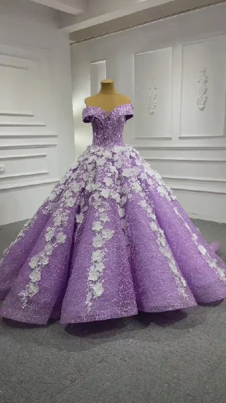 flowy evening dress3D Flowers Lilac Sweet 15 Dress Off the Shoulder Quince Dress Luxurious Ball Gown Y906