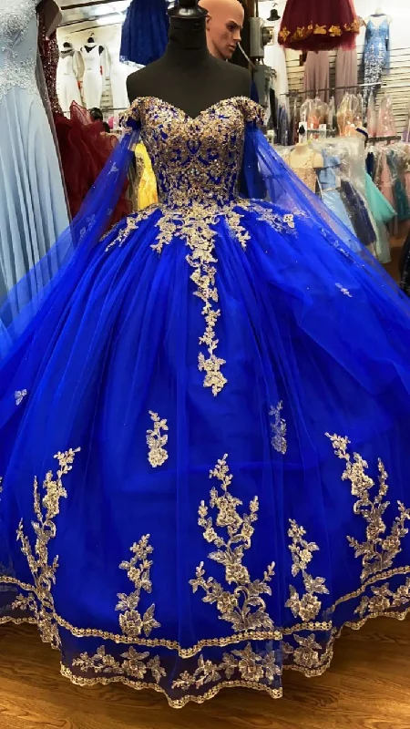 sophisticated dressRoyal Blue Tulle Ball Gown With Gold Lace Sweet 16 Dress Y530