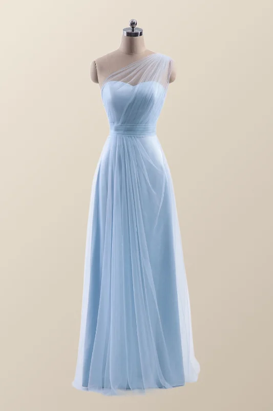 casual summer dressOne Shoulder Light Blue Tulle A-line Bridesmaid Dress