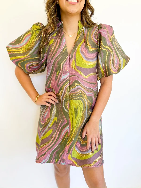 Big Savings casual slip dressAbstract Swirl Puff Sleeve Dress
