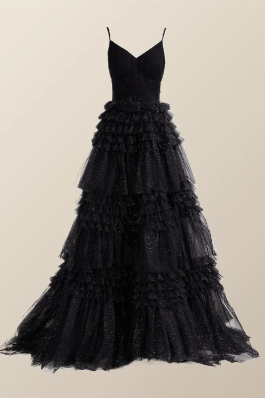 high-waisted dressBlack Tiered Ruffles A-line Long Dress