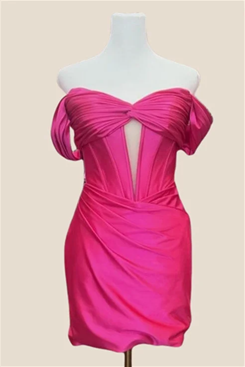 midi dressOff the Shoulder Hot Pink Ruched Short Dress