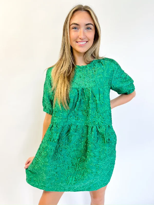 Discount Mania off-the-shoulder dressEmerald Jacquard Tiered Dress