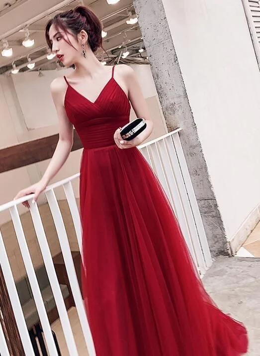 satin dressWine Red Simple Low Back Straps Tulle Prom Dress,  Formal Dress Y772