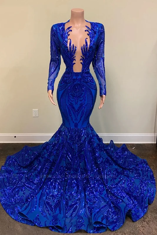 casual midi dressRoyal Blue Long Sleeves Prom Dress Mermaid Sequins Party Gowns Y886