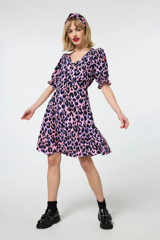 The Best Prices flowy evening dressPink with Blue and Black Shadow Leopard Short Tea Dress