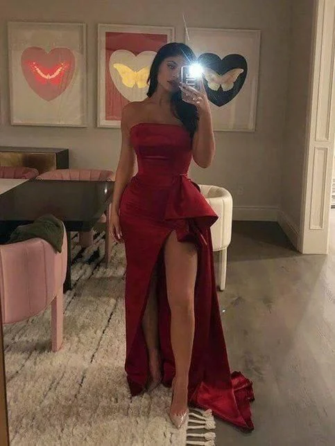 Shop and Save silk dressCharming Red Strapless Ruffle Satin Long Evening Dress, DP2618