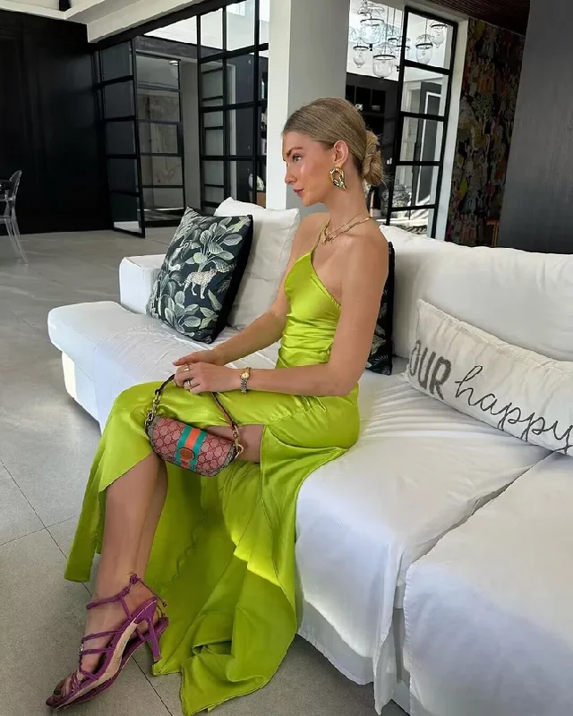 Price Drop Alert floral midi dressGreen Satin Simple Long Party Dress with Slit, DP2451
