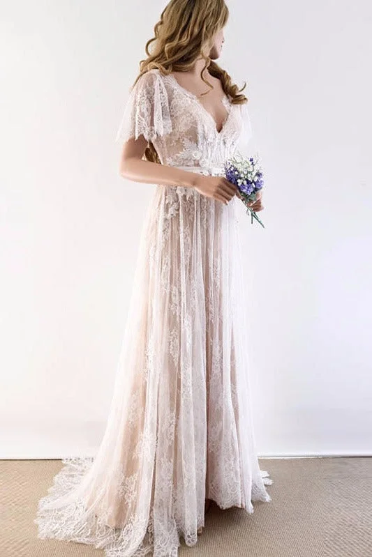 Quick Sale Sexy Tulle V-neck Short Sleeves Wedding Dress Lace Long