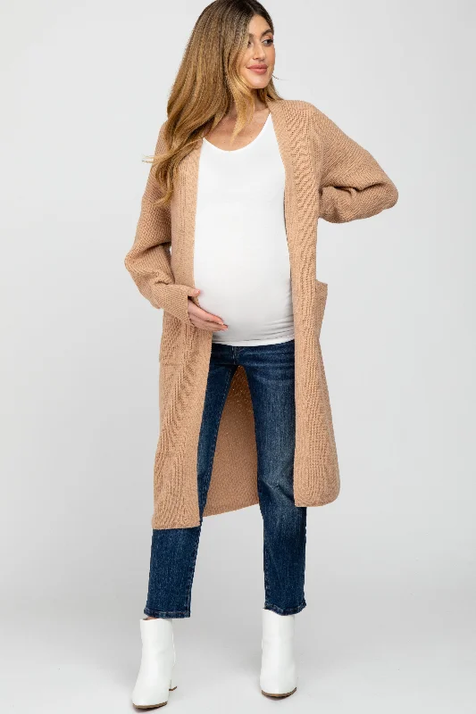 Massive Deals Taupe Bubble Sleeve Long Maternity Cardigan