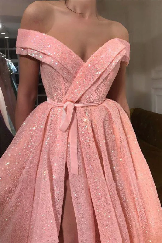 boho dressA Line Pink Sequins Off the Shoulder Prom Dresses with Split, V Neck Dance Dresses Y888